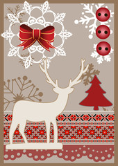 vector Christmas card in scrapbooking style in red white and beige color sheme with snowflakes, deer, fir-tree, bow, buttons and cross-stitch