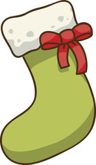 A green cartoon Christmas stocking with a ribbon.