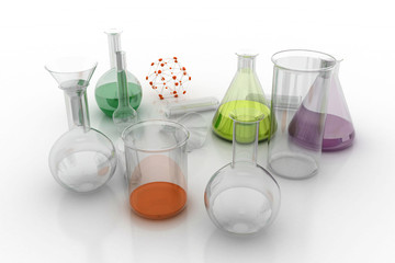 Laboratory glassware with liquids of different colors