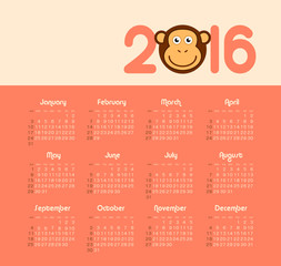 Calendar for 2016 with monkey. Week Starts Sunday.