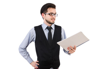 Office employee holding paper isolated on white