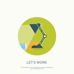 Vector illustration. Flat background with hand and table lamp. 