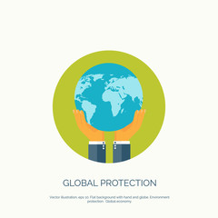Fototapeta premium Vector illustration. Flat background with hand and earth globe. Global environment protection. Global commerce and communication