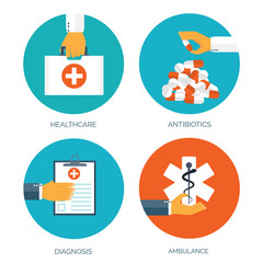 Vector illustration. Flat medical background. First aid and diagnostic. Medical research and therapy. Global healthcare