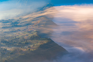 Cemoro Lawang; small village in morning mist. Which situated on the edge of massive north-east of Mount Bromo, East Java, Indonesia