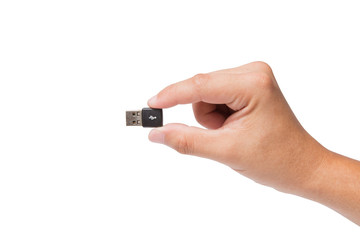 Hand holding USB device isolated on white