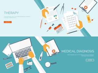 Vector illustration. Flat medical background. First aid and diagnostic. Medical research and therapy. Global healthcare