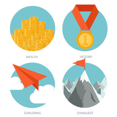Vector illustration set. Flat business concept background. Achievements and mission. Aims and new ideas. Smart solutions. Travelling