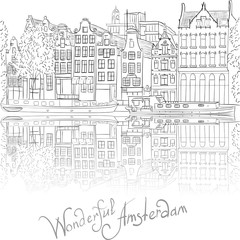 Vector city view of Amsterdam canal