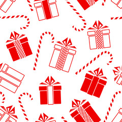 Christmas gifts and candy cane seamless pattern.  New Year concept. Vector Illustration