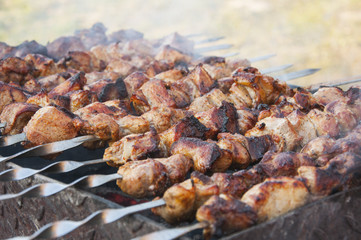 Skewers with meat on the barbecue grill