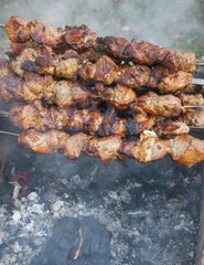 Skewers with meat on the barbecue grill