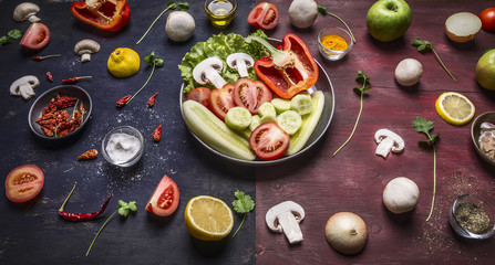 concept cooking vegetarian food Various fruits and vegetables in a pan with tiled around herbs and mushrooms on wooden rustic background top view close up