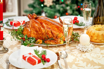 Christmas dinner table with copy space