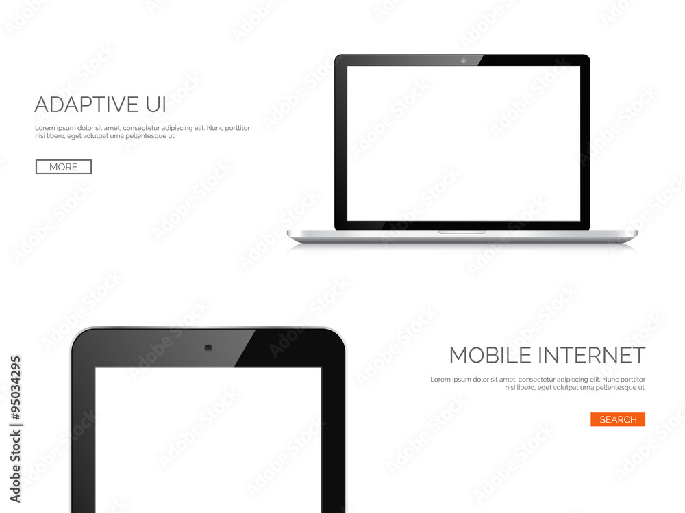 Poster vector illustration. realistic laptop and tablet. adaptive ui. responcive web design