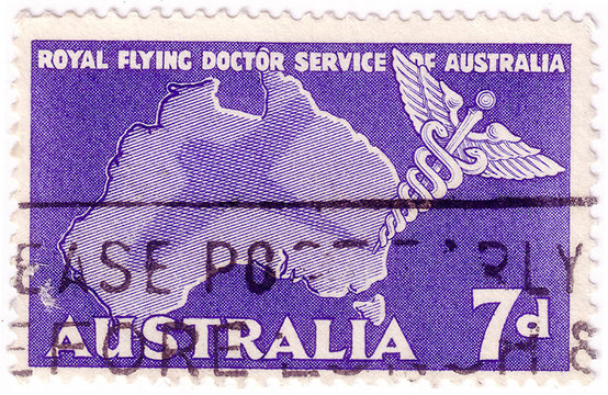 AUSTRALIA - CIRCA 1957: A Stamp Printed In Australia, Is Dedicated To Royal Flying Doctor Service Of Australia, Shows The Caduceus And Map Of Australia, Circa 1957