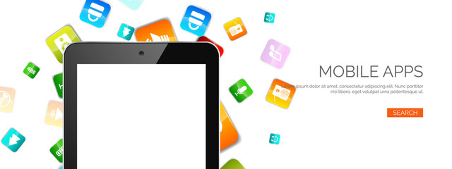 Vector illustration. Flat background with apps and realstic tablet