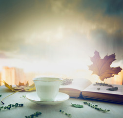 Naklejka na ściany i meble cup of tea on a saucer with thyme, autumn leaves and open book on wooden window sill on nature blured sky background