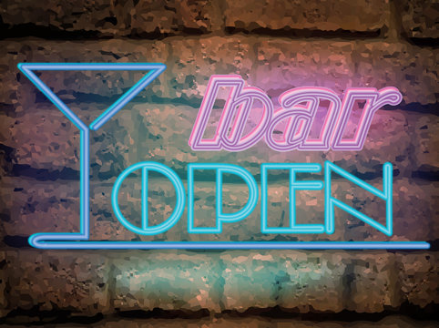 Bar open neon colorful sign on a brick wall