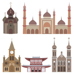 vector illustration of temples. symbols of most popular religions