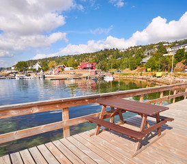 Picnic table, View of Southern Norway landscape