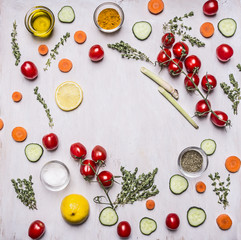 Concept cooking vegetarian food various vegetables fruit herbs spices and butter lined frame place for text on wooden rustic background top view
