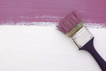 Stripe of plum paint with a paintbrush on white