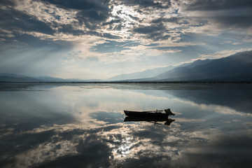 View of Kerkini lake with dramatic sky in Greece