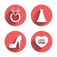 Wedding dress icon. Women's shoe symbol.