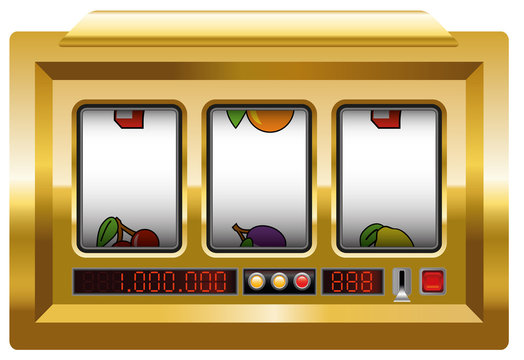 Golden slot machine with three blank reels to insert your company logo or any text or picture in. Illustration over white background.