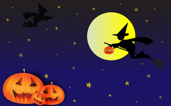 Halloween night with flying witches and carved pumpkins