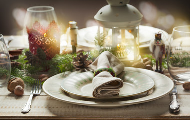 Christmas table setting. Holiday Decorations.