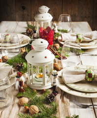 Christmas table setting. Holiday Decorations.