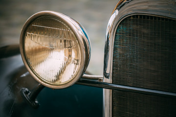 Close up of old vintage blue car