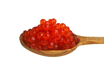 Red caviar with wooden spoon on white background