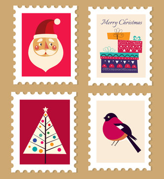 Vector Christmas beautiful cheerful cute post stamps