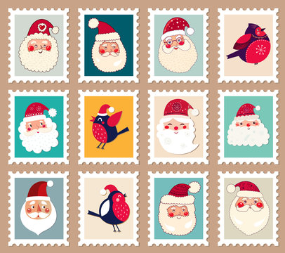 Christmas beautiful cheerful cute stamp with Santa and bird