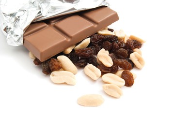 peanuts, chocolate bar and raisins