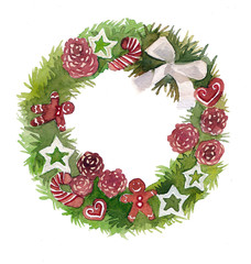 Watercolor Christmas floral frame isolated on the white background