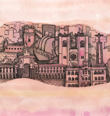 the panoramic view of lisbon city  hand drawn on the wallpaper isolated on the color background