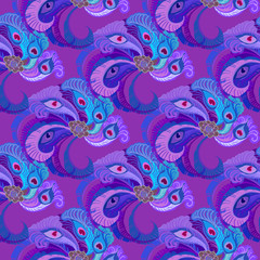 Violet purple peacock feathers seamles pattern background.