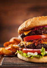 Delicious hamburger on wood
