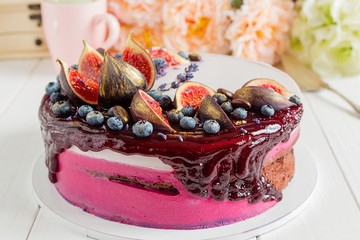 Decorated chocolate cake with lavender mousse