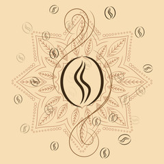 Fototapeta premium Coffee beans on henna mandala background print. Bohemian beige card for wall poster decoration or kitchen.