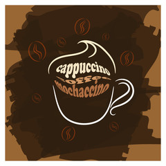 Cappuccino cup brown poster print. Coffee mug with whipped cream. Beans on dark background.