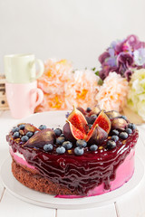 Decorated chocolate cake with lavender mousse