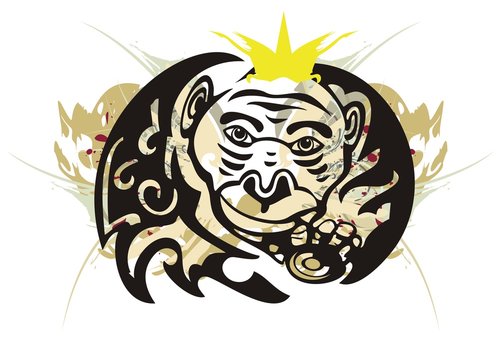 Tribal monkey splashes with coin. Grunge monkey with a crown and a gold coin isolated on a white background