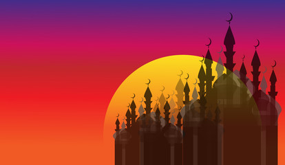 Mosque silhouettes at sunset - obrazy, fototapety, plakaty