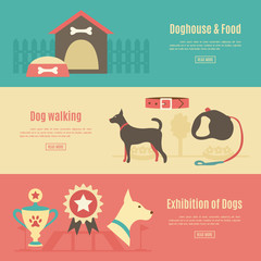 Retro pet flat horizontal banner set. Vector illustration for an