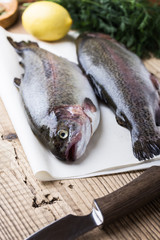 Fresh raw rainbow trout on parchment
